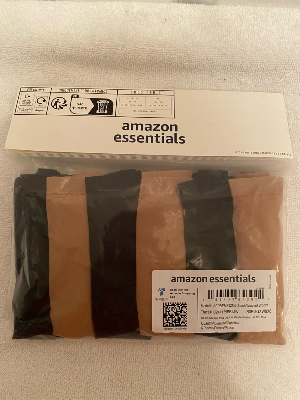 Amazon Essentials Women’s 6-Pack Thongs in Black & Washed Bronze…size 5X